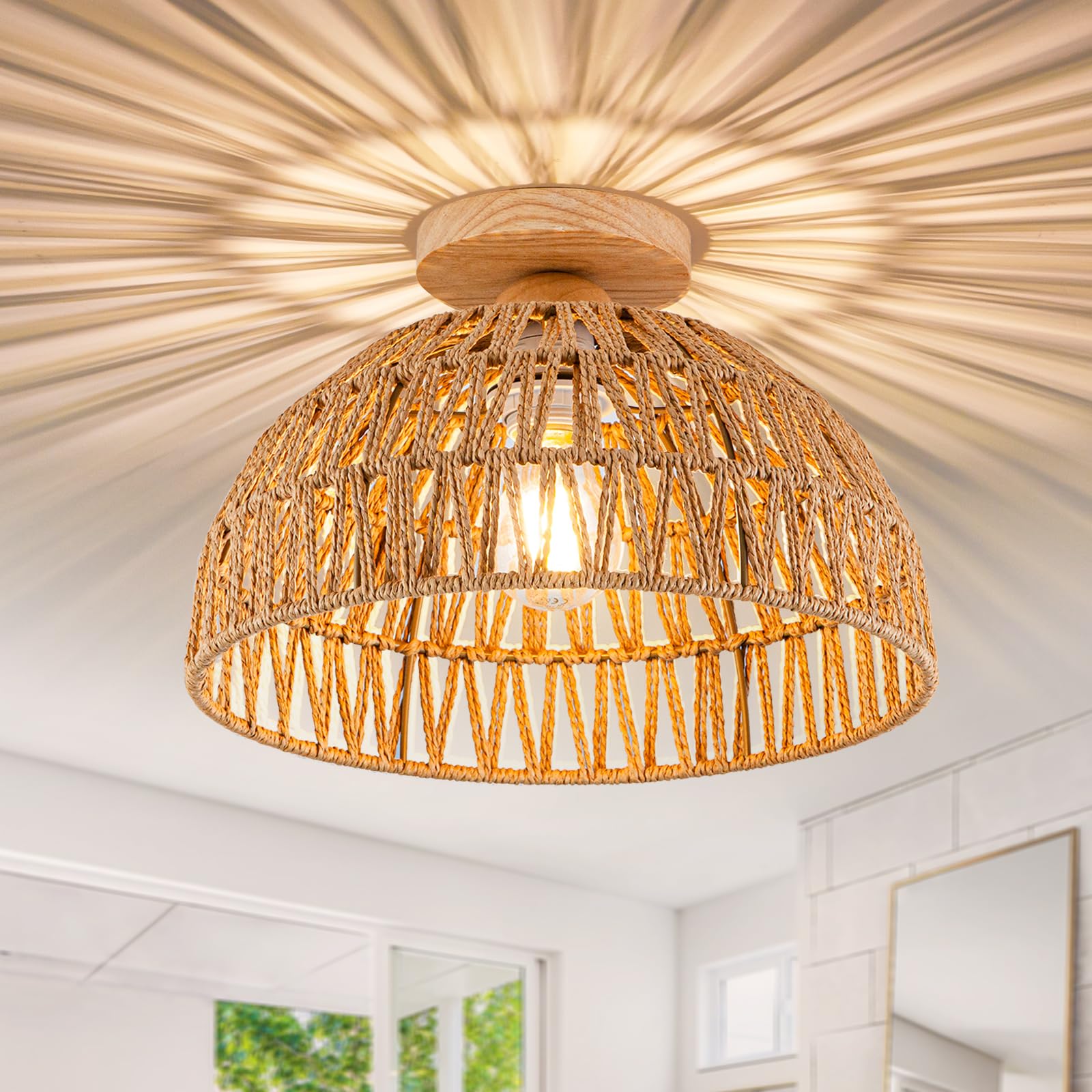 Photo 1 of Boho Light Fixtures Ceiling Rattan Light Boho Chandelier Flush Mount Ceiling Light Wooden Canopy Woven Lamp shade Small Chandelier for Hallway Foyer Entrance Bedroom Kitchen Nursery Light Fixture