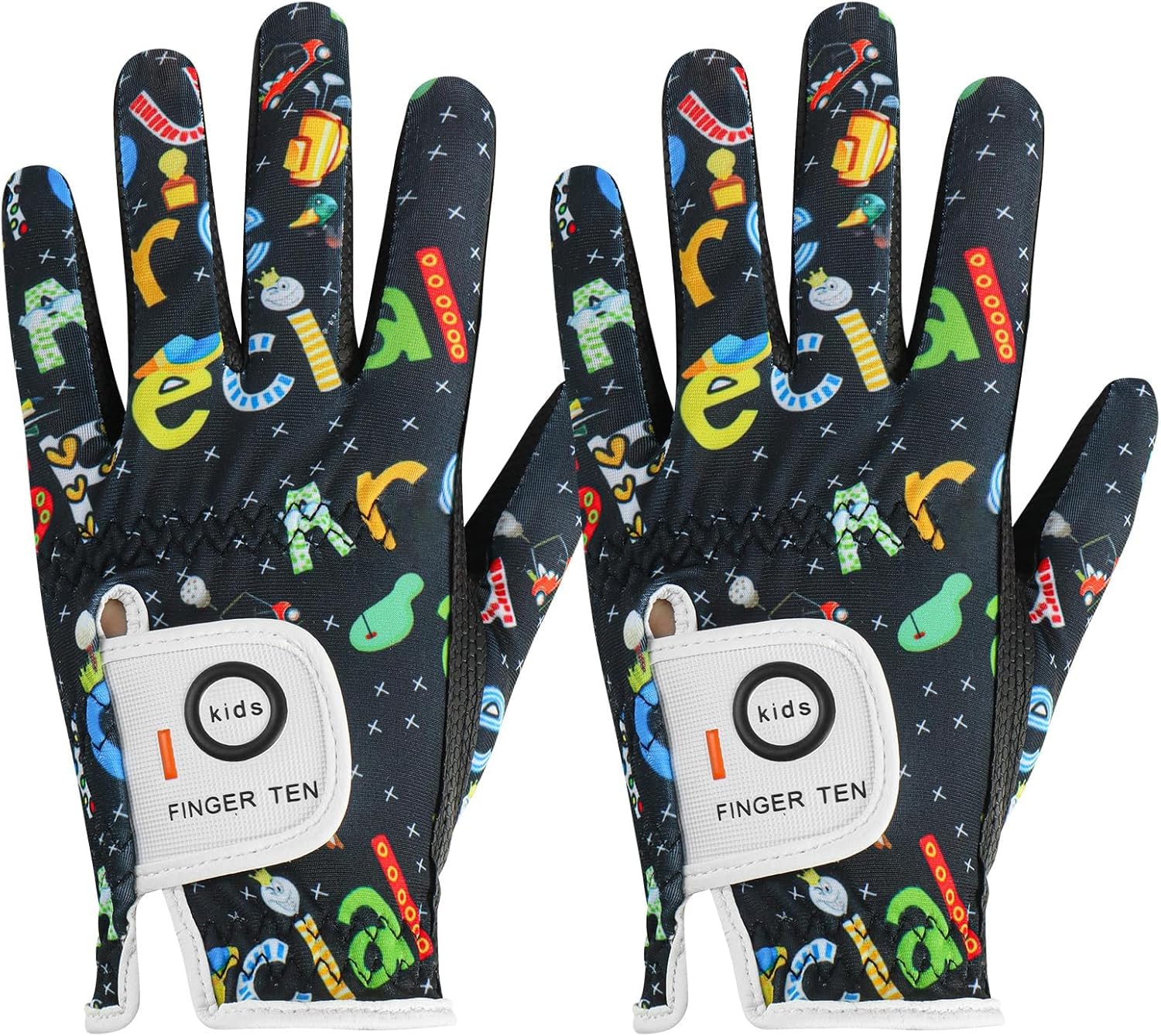 FINGER TEN Golf Gloves Kids Youth All Weather Soft for Left Right Hand Rain Grip Breathable Value 2 Pack, Golf Gloves Kid for Wear-Resistant Non Slip (Black, Large, Left)