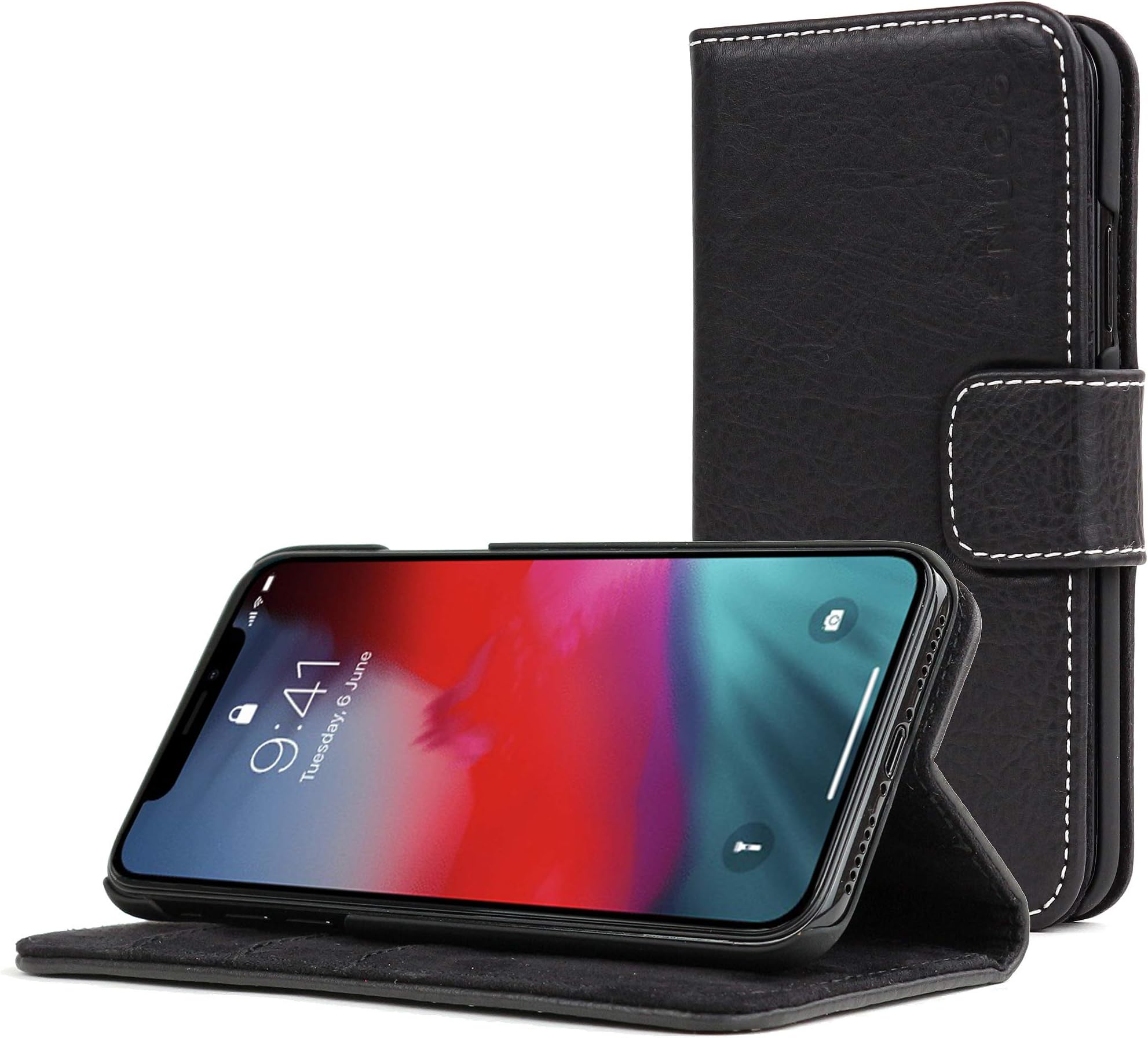 Snugg iPhone Xs Max Wallet Case – Leather Card Case Wallet with Handy Stand Feature – Legacy Series Flip Phone Case Cover in Blackest Black