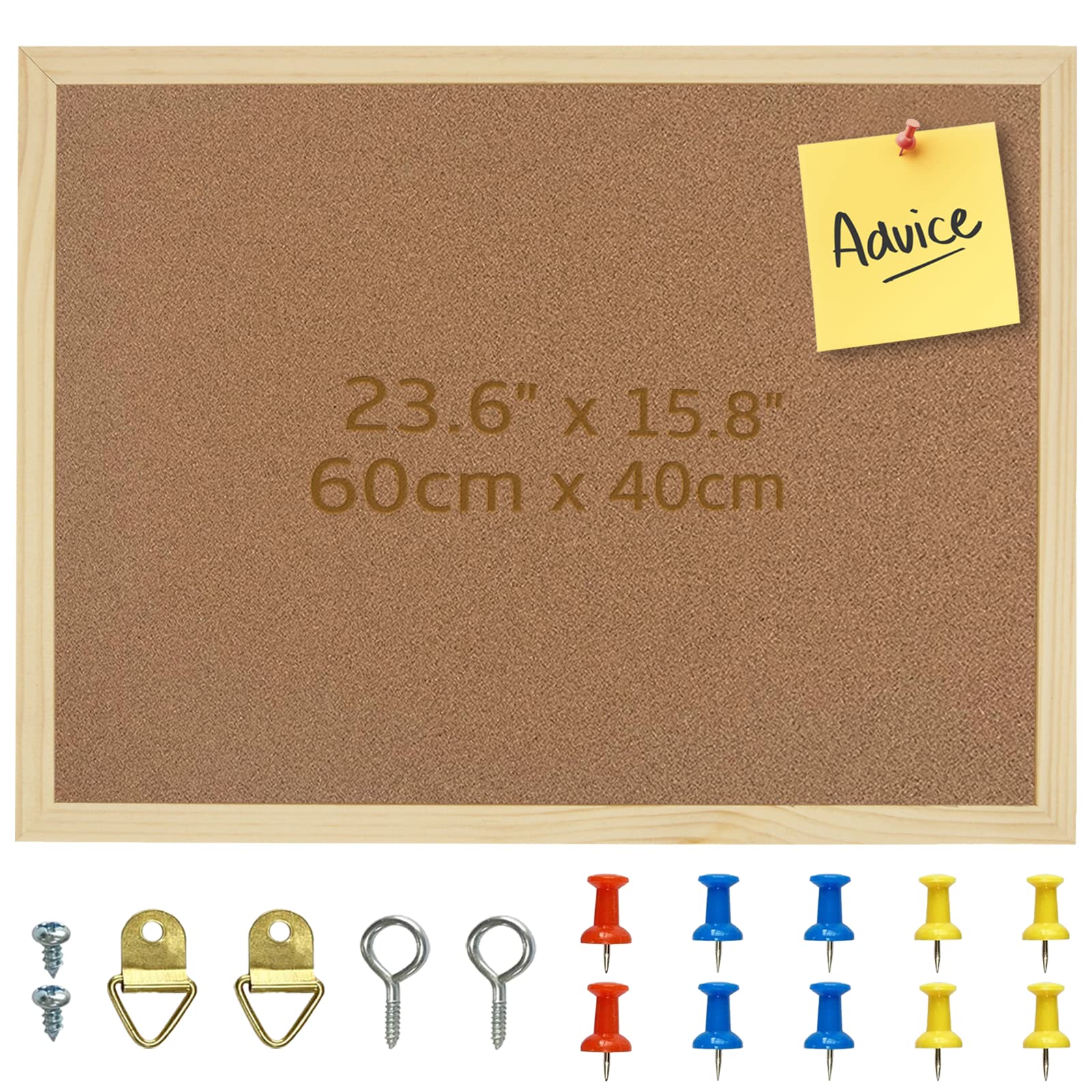 OWLKELA 60x40cm Thicken Cork Notice Pin Memo Board with 10 Pushpins and Hanging Rings Vision Bulletin Board for Office, Classroom or Home Classic Wooden Frame