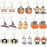 9 Pairs Halloween Enamel Earrings for Women Teen Girls Pumpkin Spider Black Cat Ghost Boo Witch Hat Spooky Earrings Halloween Earring Set for Holiday Decoration