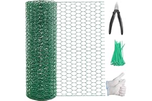 SONGZIMING Chicken Wire 15.7in x 118in with a Pair of Gloves，1 Wire Cutter，50 Pcs Cable Zip Ties, Floral Chicken Wire Mesh 0.8in Hexagonal Galvanized PVC Coated Garden Netting Fence for Craft Poultry Garden