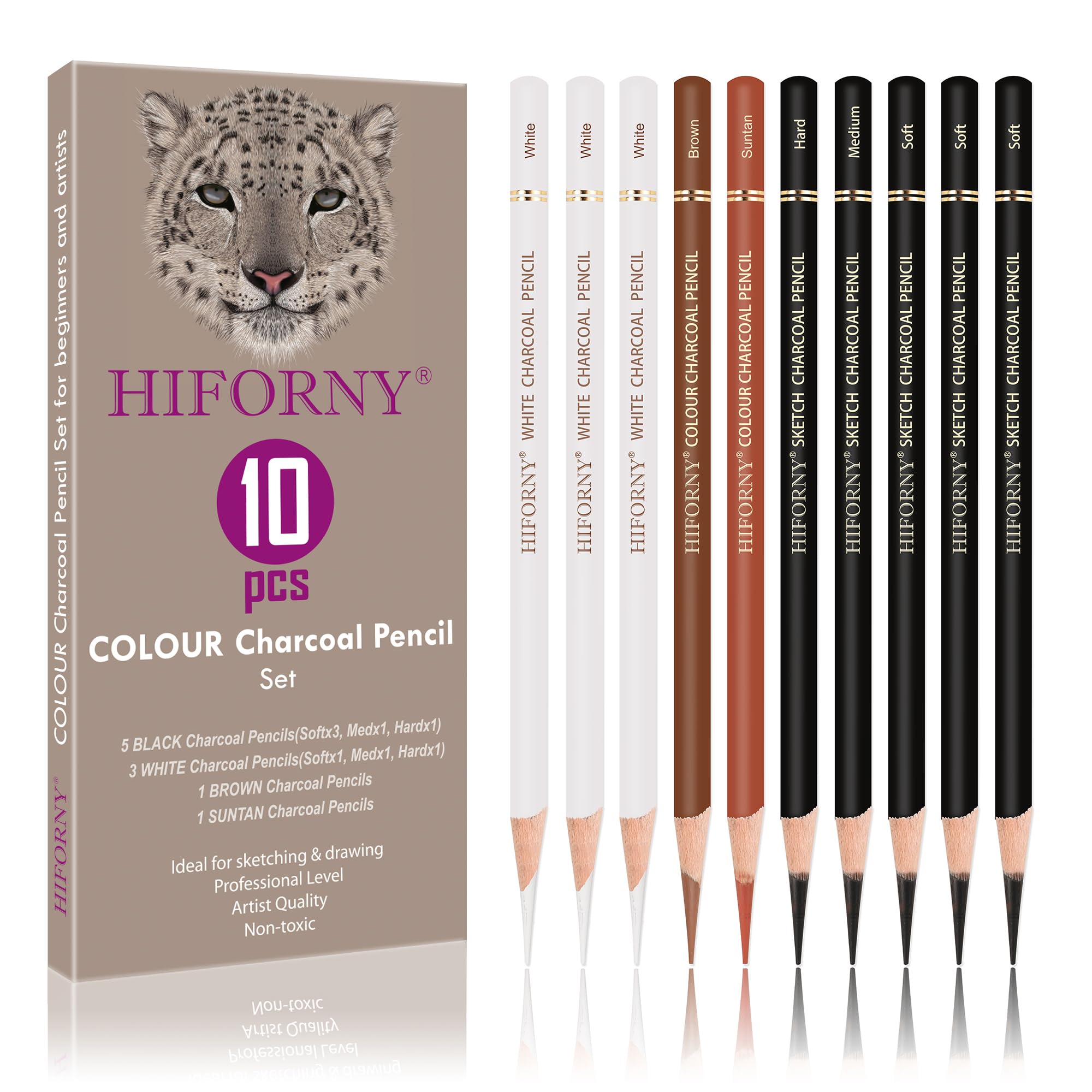 HIFORNY 10 Pieces Colored Charcoal Pencils for drawing- Black White Charcoal Pencils for Sketching,Shading,Blending,Portrait - Ideal for Beginners & Artists