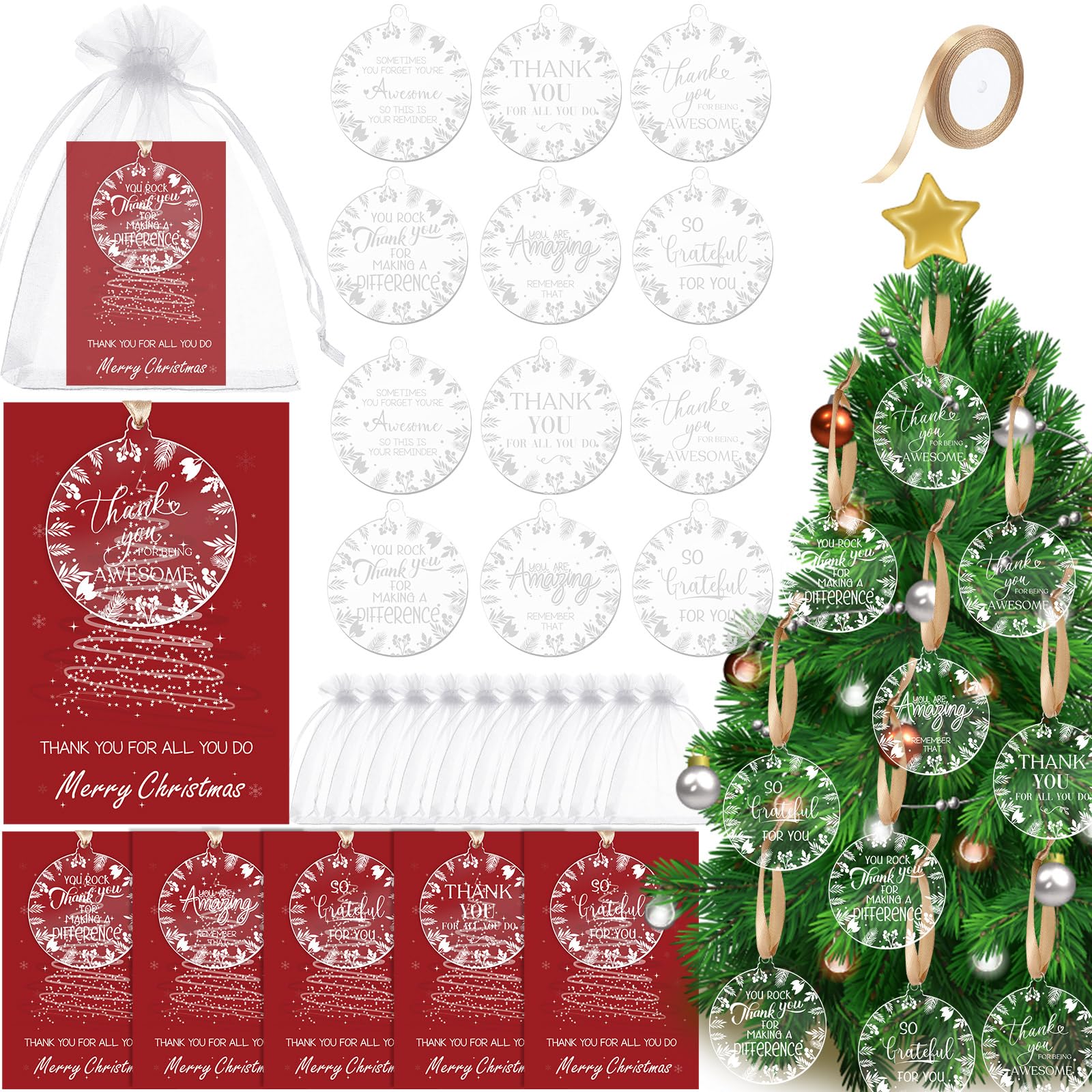 Nezyo 24 Sets Christmas Appreciation Gifts Acrylic Christmas Tree Ornaments Round Pendant Ornaments with Thank You Card Ribbon Mesh Bag Xmas Tree Decoration Thank You Gifts for Employee(Classic)