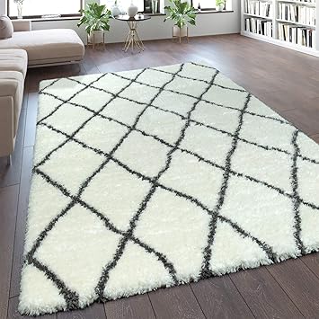 Mobel Wohnen Hochflor Shaggy Teppich Rauten Berber Muster Wohnzimmer Schwarz Weiss Teppiche Teppichboden