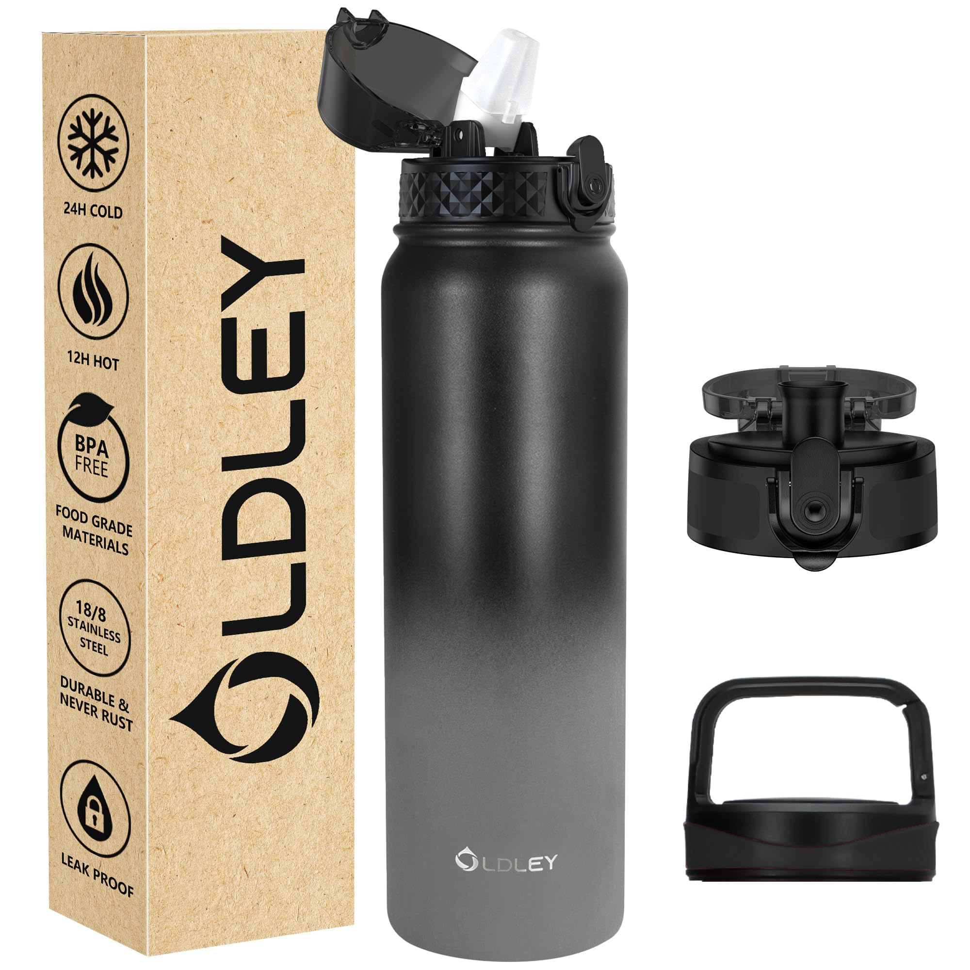 OLDLEY Stainless Steel Water Bottle with Straw 1L Vaccum Insulated Large Drink Flask Metal Water Bottles 1 Litre Leakproof Keep Drinks Hot Cold for Sports Gym with Different Lids(Black Grey, 3 Lids) — image 1