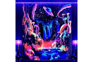 ADDWel Blacklight Mushroom Planet Tapestry, Black Fantastic Tapestry Glow In The Dark, UV Reactive Black Light Posters Wall Hanging for Bedroom Dorm Living Room Backdrop Decor