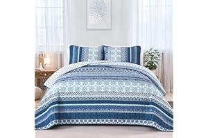 WONGS BEDDING Boho Quilt Set Queen Size, Navy Blue Bohemian 3 Pieces Quilt Sets, Lightweight Microfiber Bedspread Coverlet Bedding Set for All Season (96"x90")