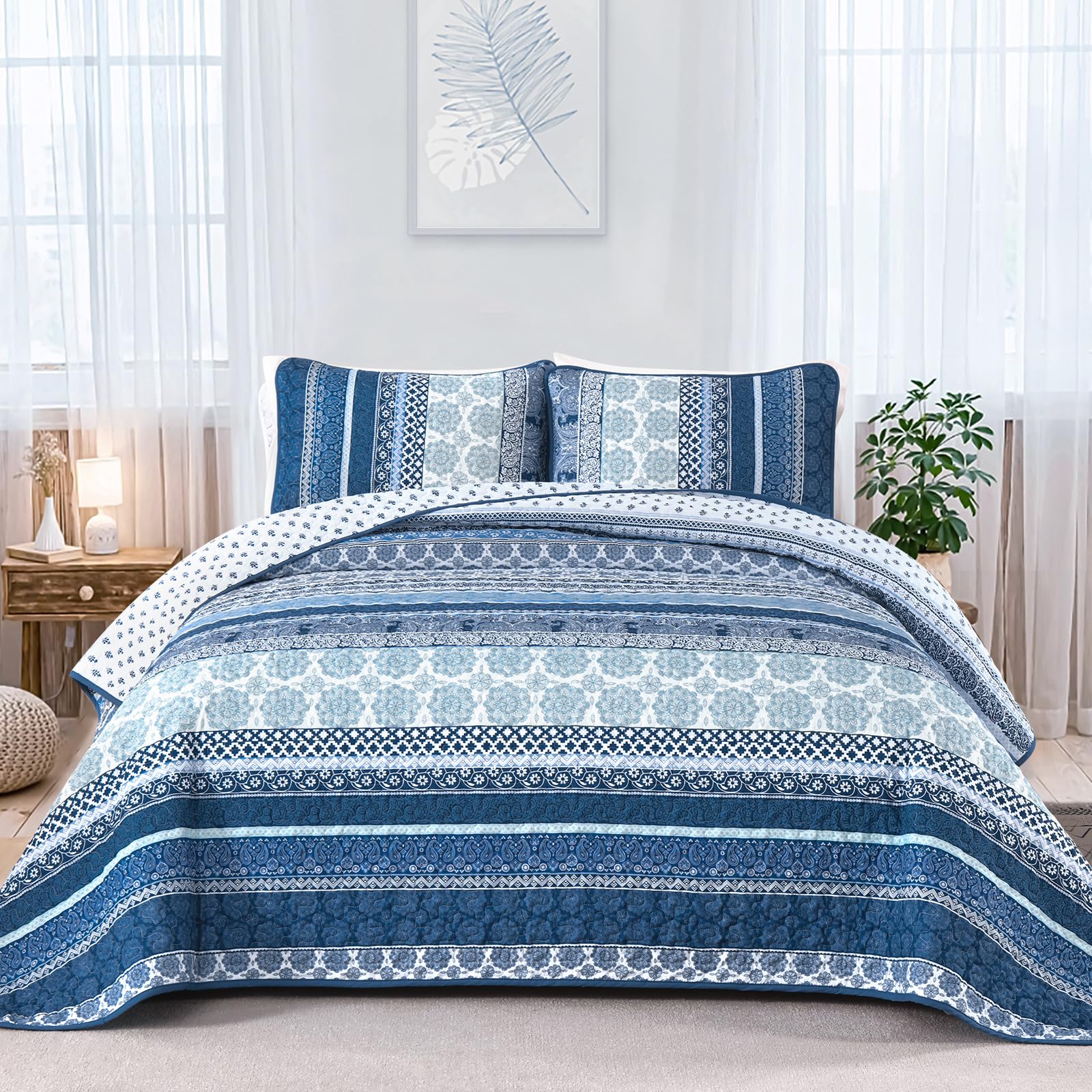 Photo 1 of WONGS BEDDING Boho Quilt Set Queen Size, Navy Blue Bohemian 3 Pieces Quilt Sets, Lightweight Microfiber Bedspread Coverlet Bedding Set for All Season (96"x90")