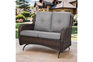 Bellefurn Patio Loveseat Wicker Loveseat Rattan Glider Sofa with Curved Armrest Thicking Back & Seat Cushions for Garden Balcony Backyard Brown Wicker|Grey Cushions (A) Patio Loveseat Glider