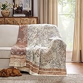 JINCHAN Boho Floral 100% Cotton Blanket 4-Layer Throw Blanket with Tassel Taupe and White Flower Butterfly Soft Luxury Rustic Farmhouse Decor Blanket for Couch Bed 60x80 inch All Season gift for women