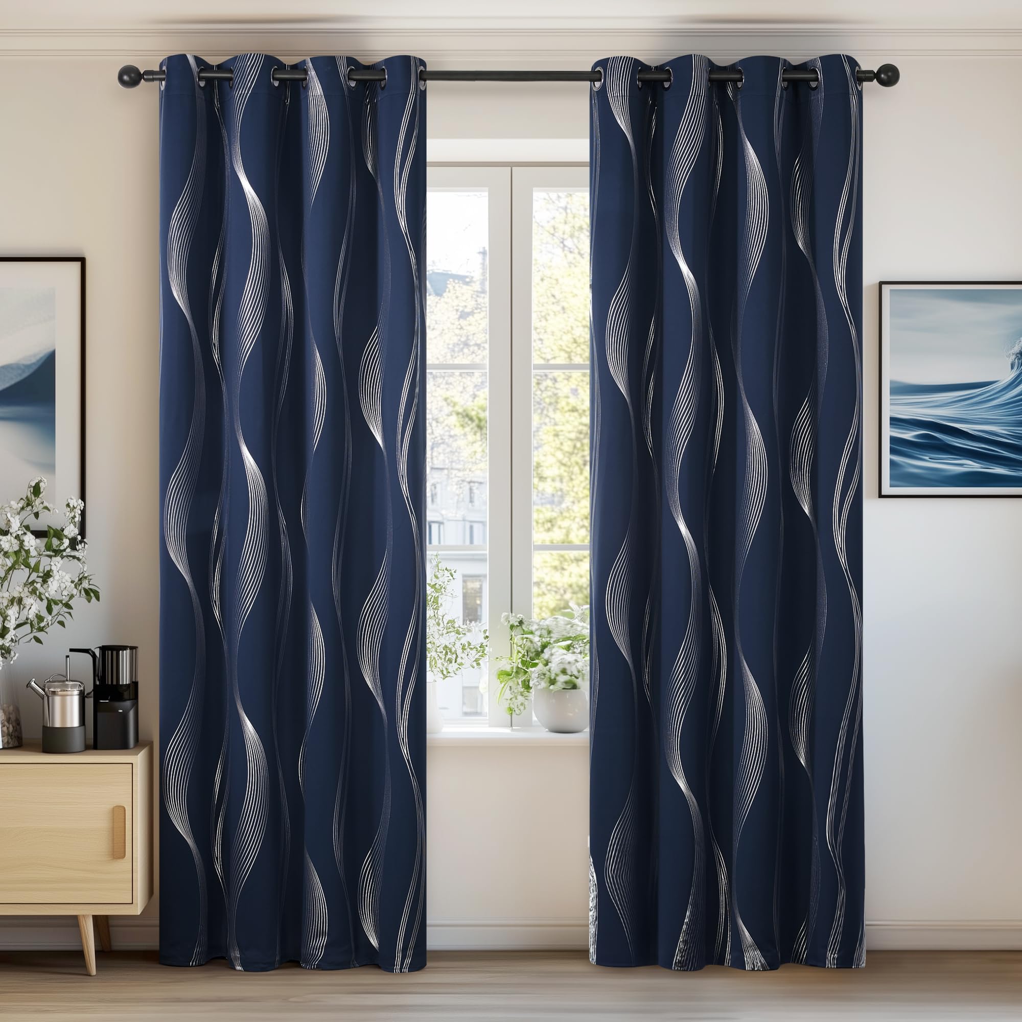 Deconovo Kids Blackout Curtains 72 Drop Navy Panels Wave Line Foil Printed Thermal Insulated Window Treatment Eyelet Curtains for Children 46 x 72 Inch Navy Blue Two Panels