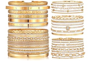IFKM 6 PACK (24 PCS) Boho Gold Chain Bracelets Set for Women, 14K Gold Plated Multiple Layered Stackable Open Cuff Wrap Bangle Adjustable Link Italian Cuban Jewelry for Women Gift