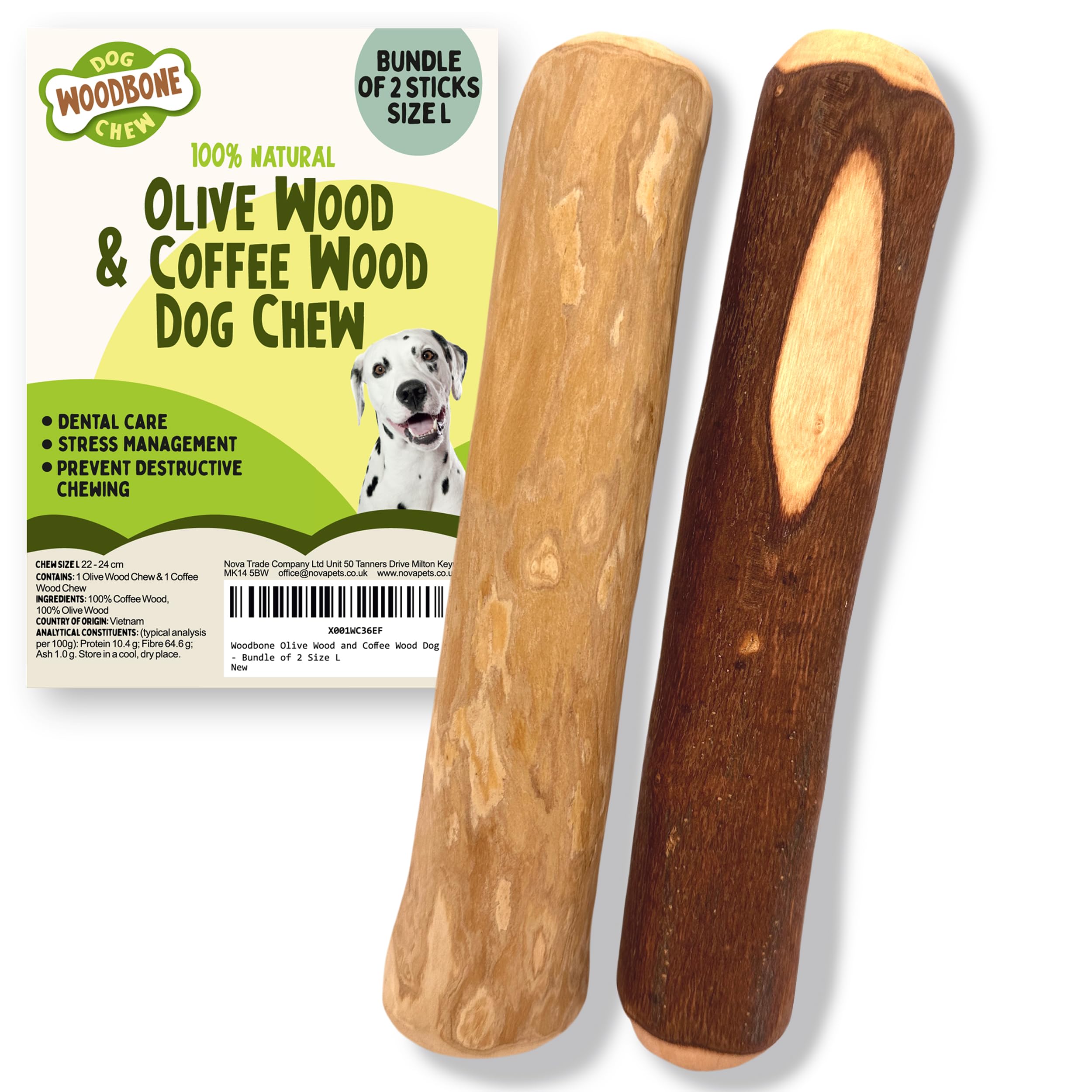 Woodbone Olive Wood and Coffee Wood Dog Chew Stick For Large Dogs - Natural Dental Chewing Toy - Bundle of 2 Size L