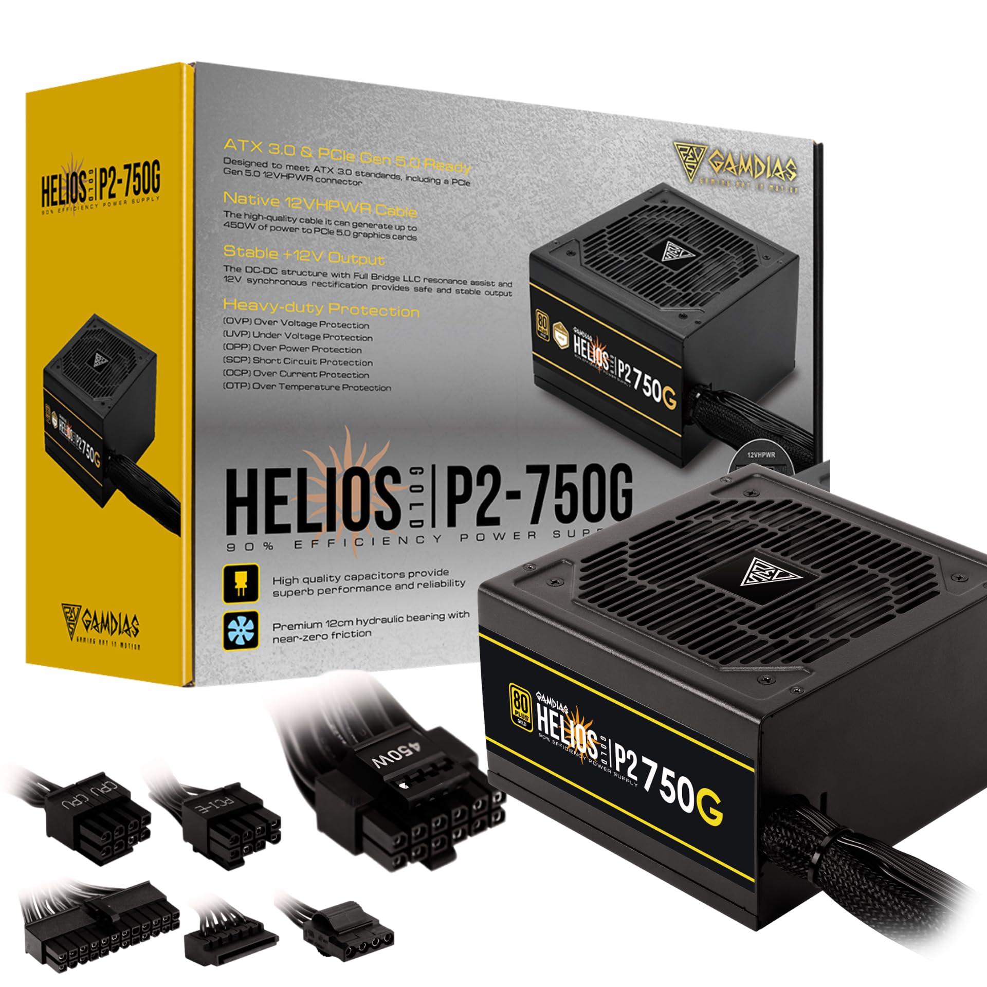 Photo 1 of GAMDIAS PCIe 5.1 & ATX3.1 Gold 750W Power Supply for GeForce RTX 5000/4000/3000 Series, 750W Fully Modular ATX 80 Plus Gold Computer PSU for Gaming PC Desktops, Low-Noise Fan, Helios P2-750G