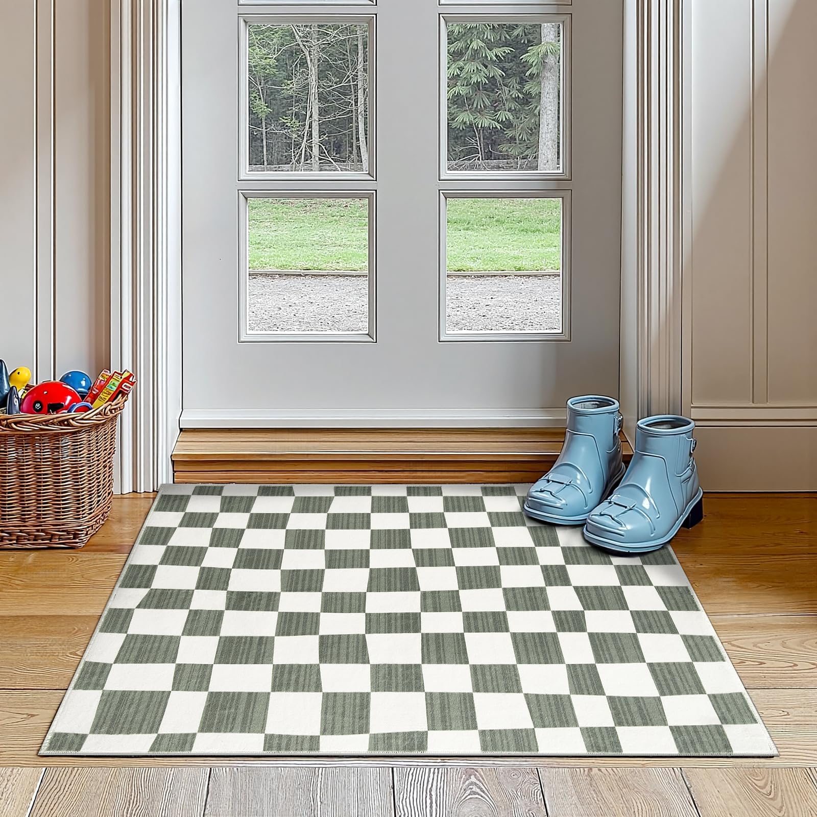 Photo 1 of jinchan 2x3 Kids Area Rug Washable Indoor Entryway Doormat Modern Checkered Geometric Lattice Small Rug Non Slip Soft Carpet for Nursery Room Bedroom Bathroom Home Grey
