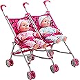 Double Doll Stroller for Twin Baby Dolls - Toy Stroller for Toddlers 3 Years and up, Pink & Black Polka Dots Design for Kids