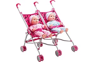 HUSHLILY Double Doll Stroller for Twin Baby Dolls - Toy Stroller for Toddlers 3 Years and up, Pink & Black Polka Dots Design for Kids