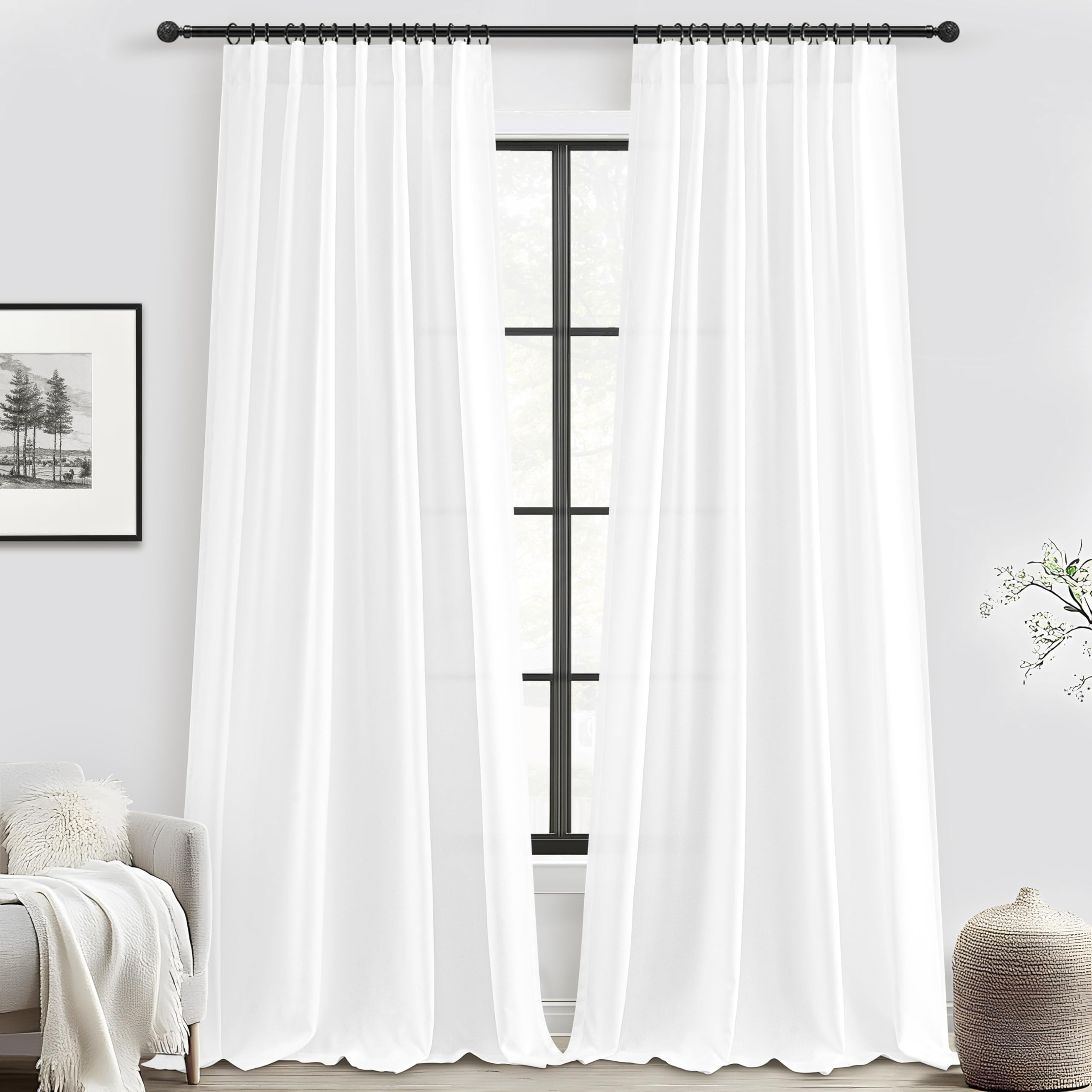 Photo 1 of Solid White Sheer Curtains 96 Inches Long for Living/Dining Room, Modern Coastal Decor Light Filtering Textured Off White Pleated Window Drapes with Pin Hooks 2 Panels Set Floor to Ceiling Privacy