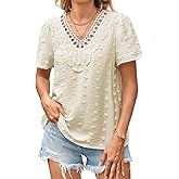 Falechay Summer Tops For Women 2026 Boho Swiss Dot Blouses Short Sleeve Shirts Flowy V Neck Casual Peasant Lace Hem Clothing