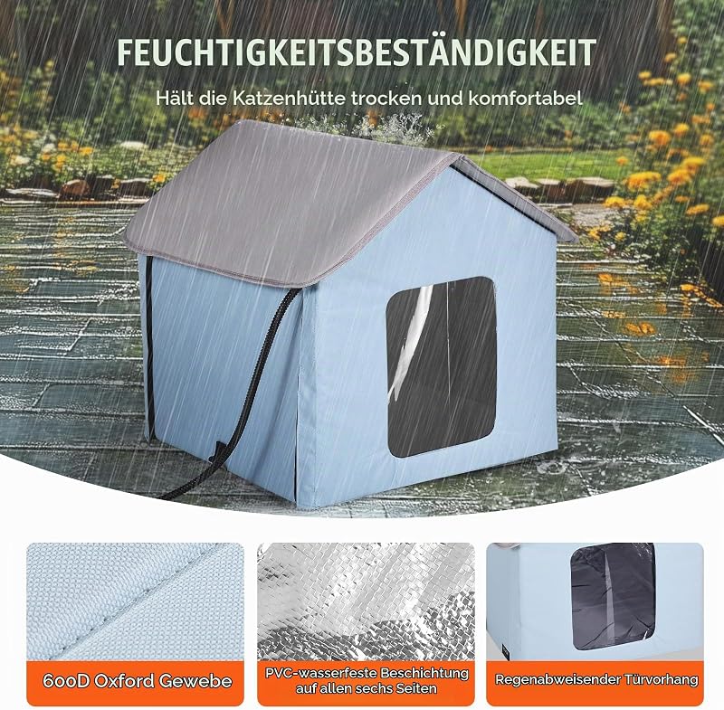 Katzenhütte 47x42x47 cm, Katzenhaus, Katzenhöhle, Katzenunterschlupf aus 600D Oxford-Gewebe mit Beheiztem Kissen, Temperaturerhöhung bis 20 °C, für den Winter, Blau (klein)