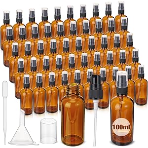 Yiyiring 50 Pcs 100ml Empty Refillable Amber Glass Pump Bottles with Clear Top, 6 Funnel, 6 Droppers, Travel Size Cosmetic Di