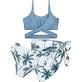 AlisOker 3 Pieces Girls Swimsuits Bikini Set Tropical Print Bikini Set Criss Cross Bathing Suit with Cover Up Skirt for Kids