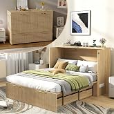 Vrmuxita Full Size Murphy Bed Cabinet: Fluted Oak Murphy Bed Queen Wood | Full Murphy Bed Cabinet With Bottom Drawer, 2 in 1 Hidden Murphy Beds With Charging Station, Modern Foldable Cabinet Bed