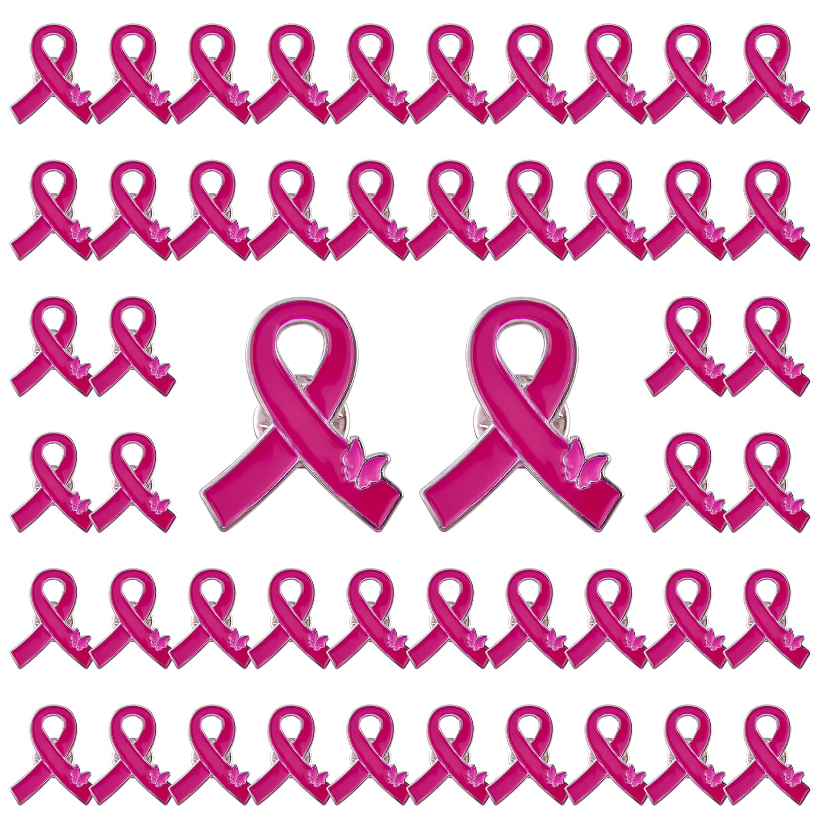 WANDIC Pink Ribbon Pins with Small Butterfly, 50pcs Silver Back Ribbon Brooches Lapel Pins for Breast Cancer Awareness Metal Button Pins for Women