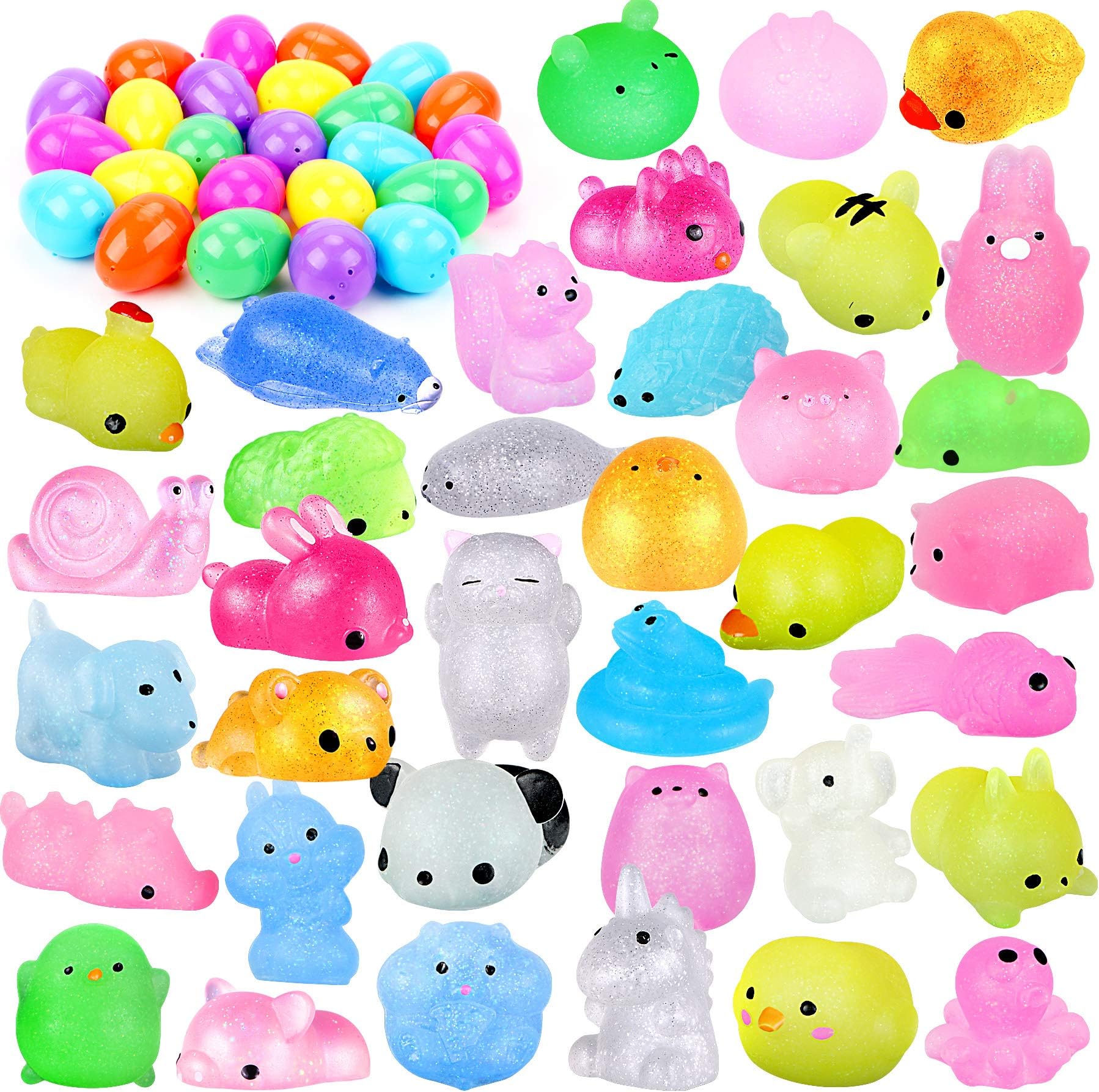 UFUNGA 36 Pcs Easter Basket Stuffers with Squishy Toys, Prefilled Easter Eggs with Glitter Mini Soft Animals, Squishy Stress Relief Toys for Easter Basket
