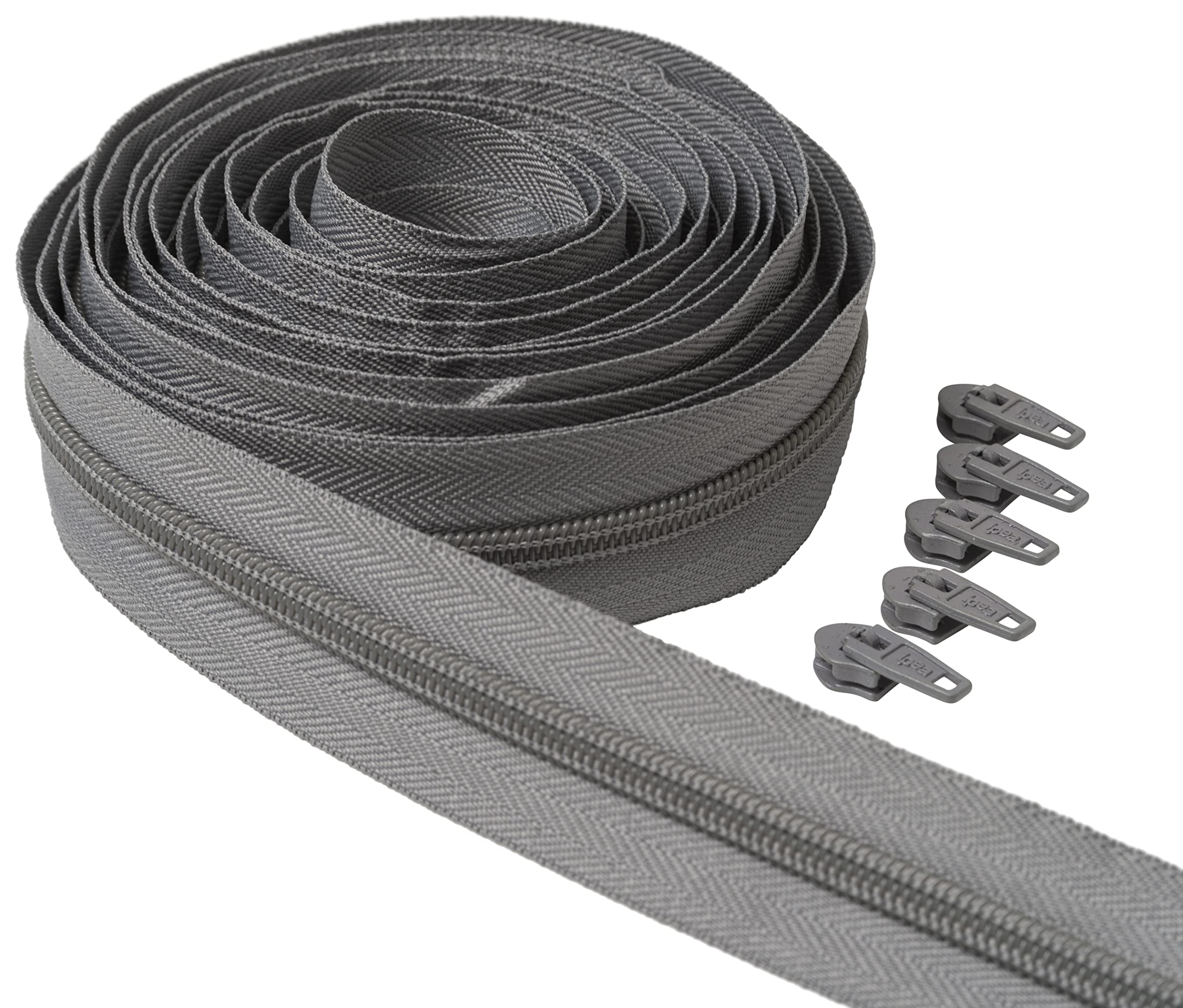 IPEA Zip Chain Grey Continuous 5 Metres Long + 15 Metal Sliders, Chain Size #5, Made in Italy, Nylon Zippers, Cuttable for Sewing by The Metre, Width 30 mm, Grey
