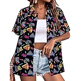 80s 90s Outfits Shirt Women Retro Disco Party Button Up Tshirt Hawaiian Beach Short Sleeve Blouse Top