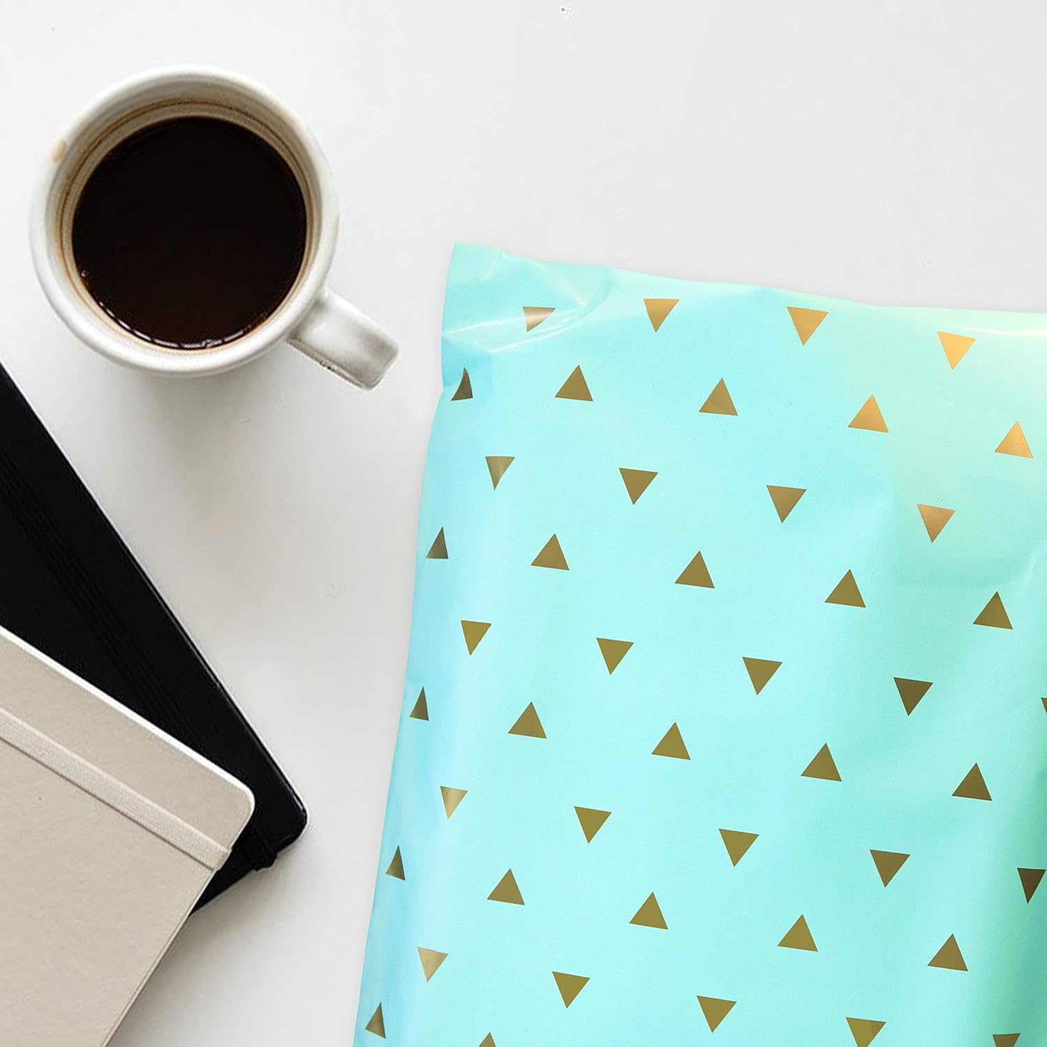 Pack It Chic - 10X13 (100 Pack) Mint Gold Triangles Poly Mailer Envelope Plastic Custom Mailing & Shipping Bags - Self Seal (More Designs Available) : Office Products