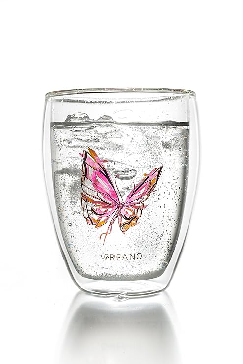 Creano doppelwandiges Tee-Glas, Latte Macchiato, Thermobecher Schmetterling | 250ml in exklusiver Geschenkbox (Rot)
