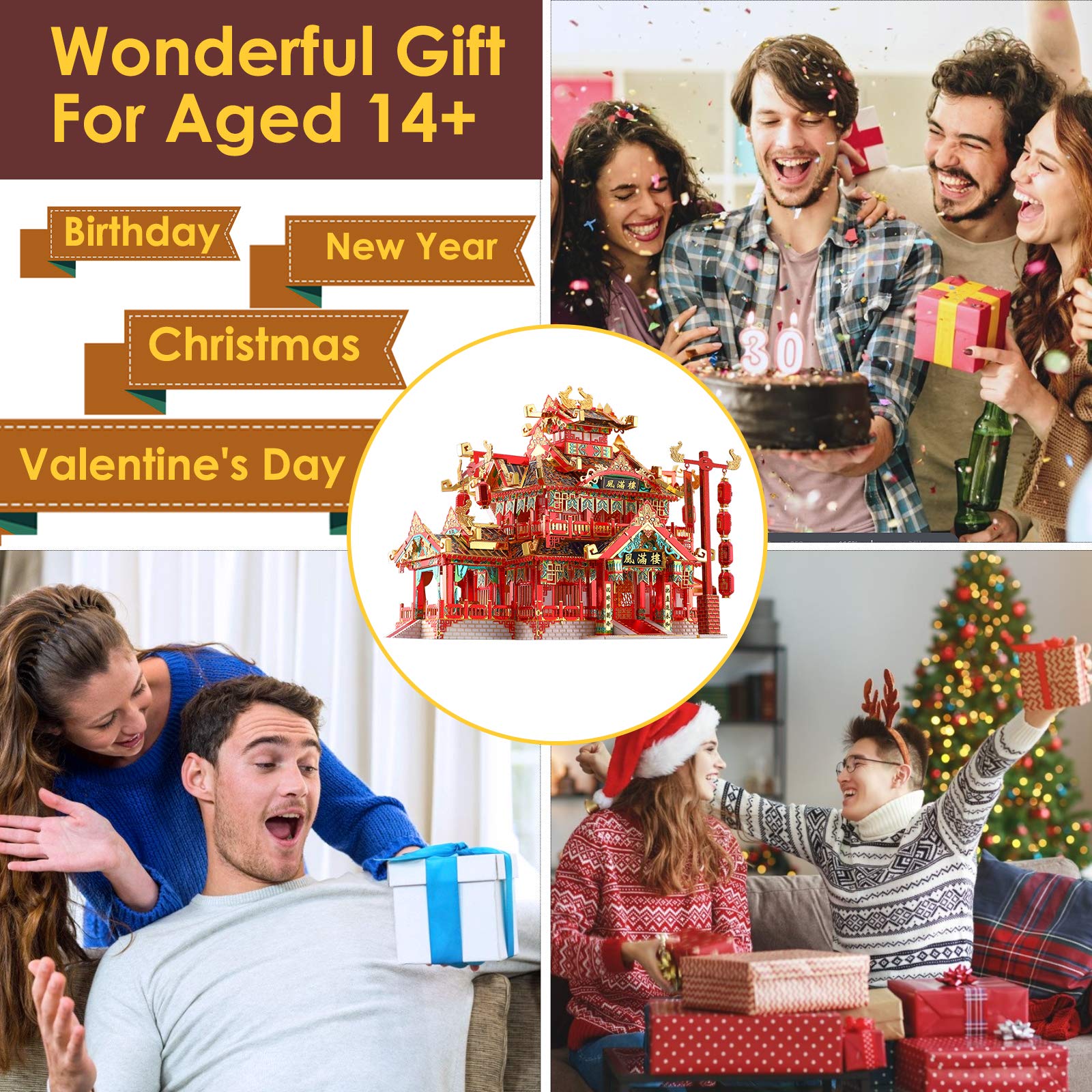 Piececool 3D Puzzles for Adults Metal Model Kits, Chinese Ancient Reataurant 3D Metal Puzzle, Traditional Architecture Building Puzzle DIY, Great Gift Idea-215 Pcs