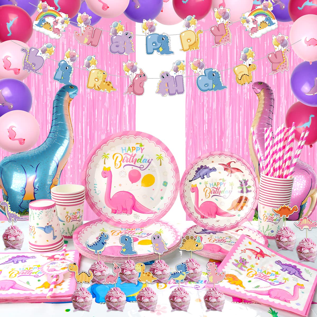 Pink Dinosaur Birthday Party Decoration Tableware Set Supplies for Kids Dino Theme - Serves 20, Including Plates, Cups, Napkins, Straws, Banner, Tablecloth, Foil Curtains, Foil Balloons