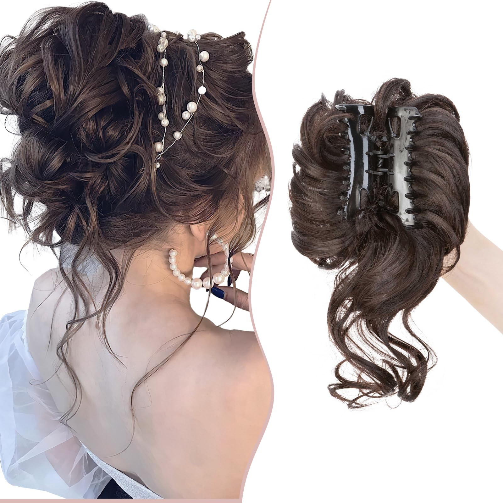 Claw Messy Bun Hairpieces Wavy Curly 75G Thick Hair Chignon Tousled Updo Doughnut Hair Bun Synthetic Ponytail, Dark Brown