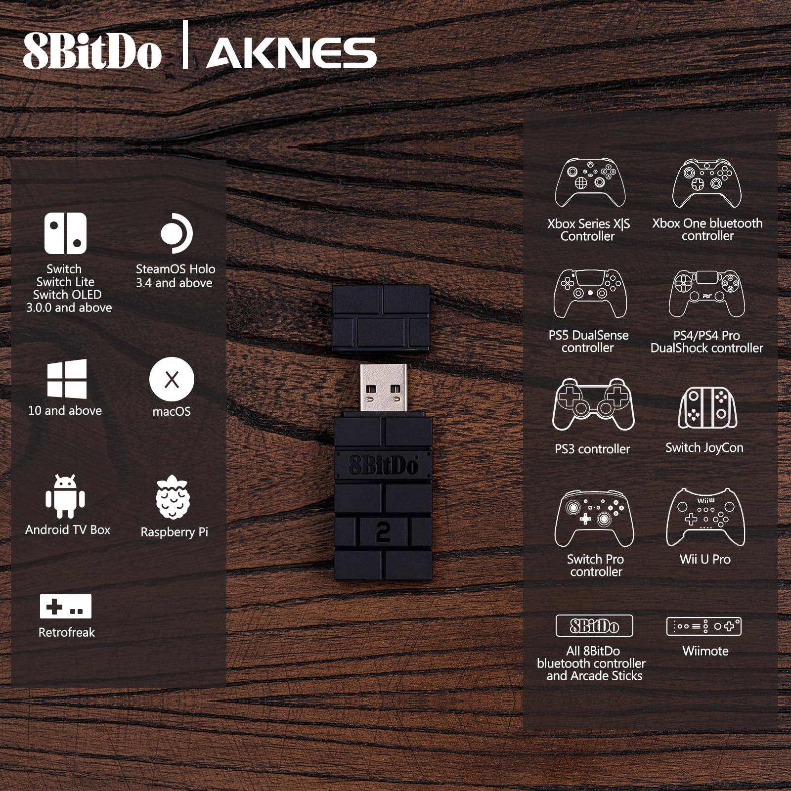 8BitDo USB Wireless Controller Adapter 2 Converter Dongle for Switch 2/Switch/Switch OLED,Steam Deck,Windowsi,macOS,PS5/PS4/PS3 Controller,Xbox Series X/S,Xbox One Bluetooth Controller OTG Cable