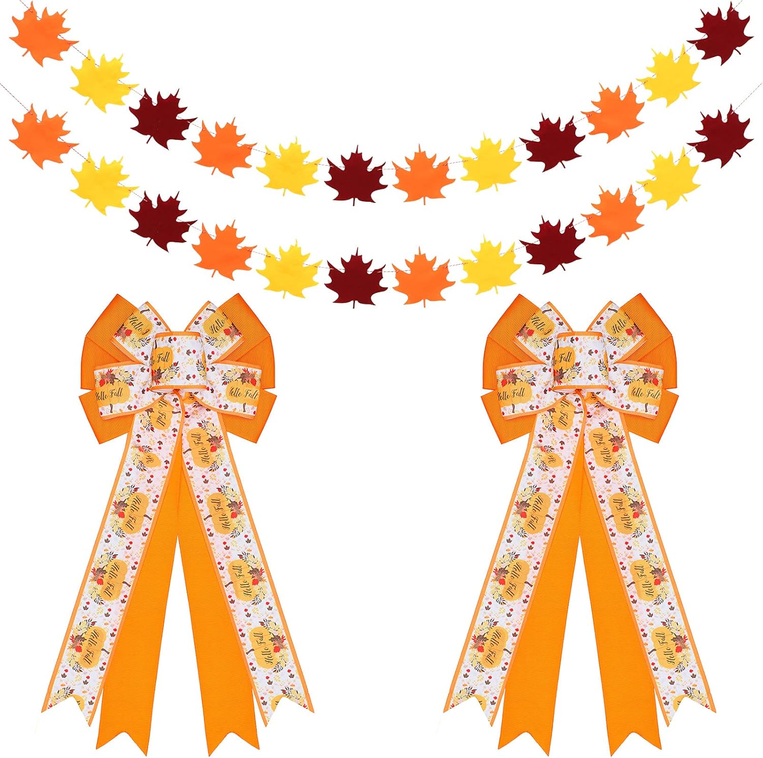 Bows & Ribbons - 2 Pieces Large Thanksgiving Fall Wreath Bows 11.8 x 7.8 Inch Orange Pumpkin Wreath Bows with 2 Pieces Hanging Felt Maple Leaves Banner Decoration for Front Door Indoor Outdoor Party Supplies