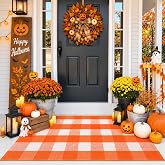 OLANLY Fall Door Mat, Halloween Orange White Buffalo Plaid Rug, 2'4