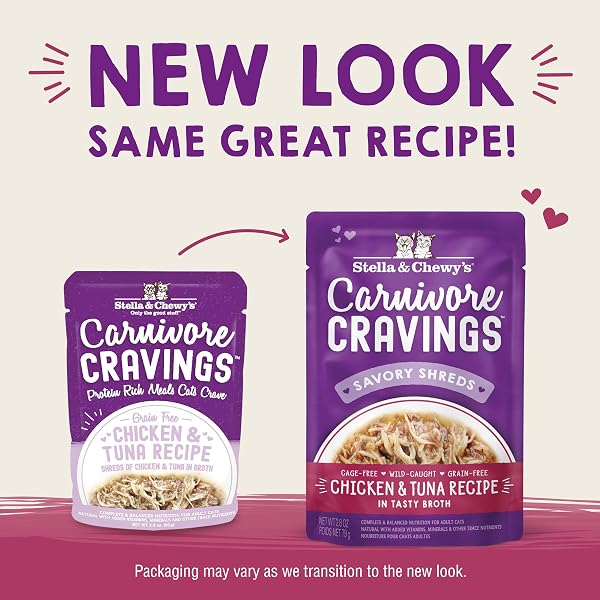 STELLA & CHEWY’S CARNIVORE CRAVINGS WET CAT FOOD – PREMIUM POUCHES – GRAIN FREE, HIGH PROTEIN CHICKEN & TUNA – PERFECT FOR PICKY EATERS – COMPLETE MEAL OR TOPPER (2.8 OZ, 12 PACK)