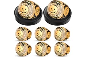 Highergo 6 Set Halloween Championship Trophy Ring Pumpkin Carving Medal Award Scariest Best Funniest Cutest Costume Contest with Neck Chain and Stand for Halloween Pumpkin Winner Party