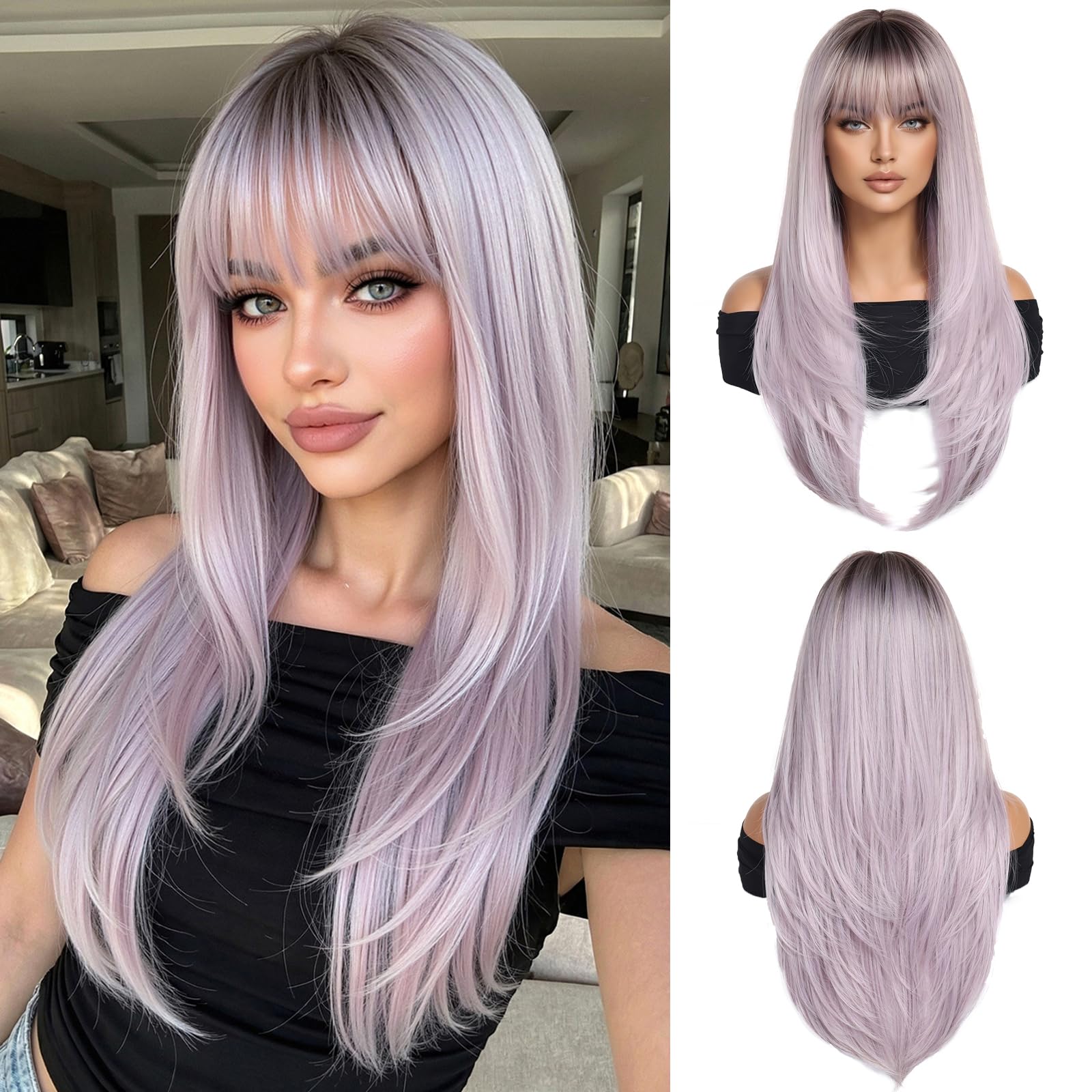 OUFEI Ombre Light Purple Wigs with Bangs for Women Long Straight Layered Synthetic Hair Wigs with Dark Roots for Daily Party Use — image 1