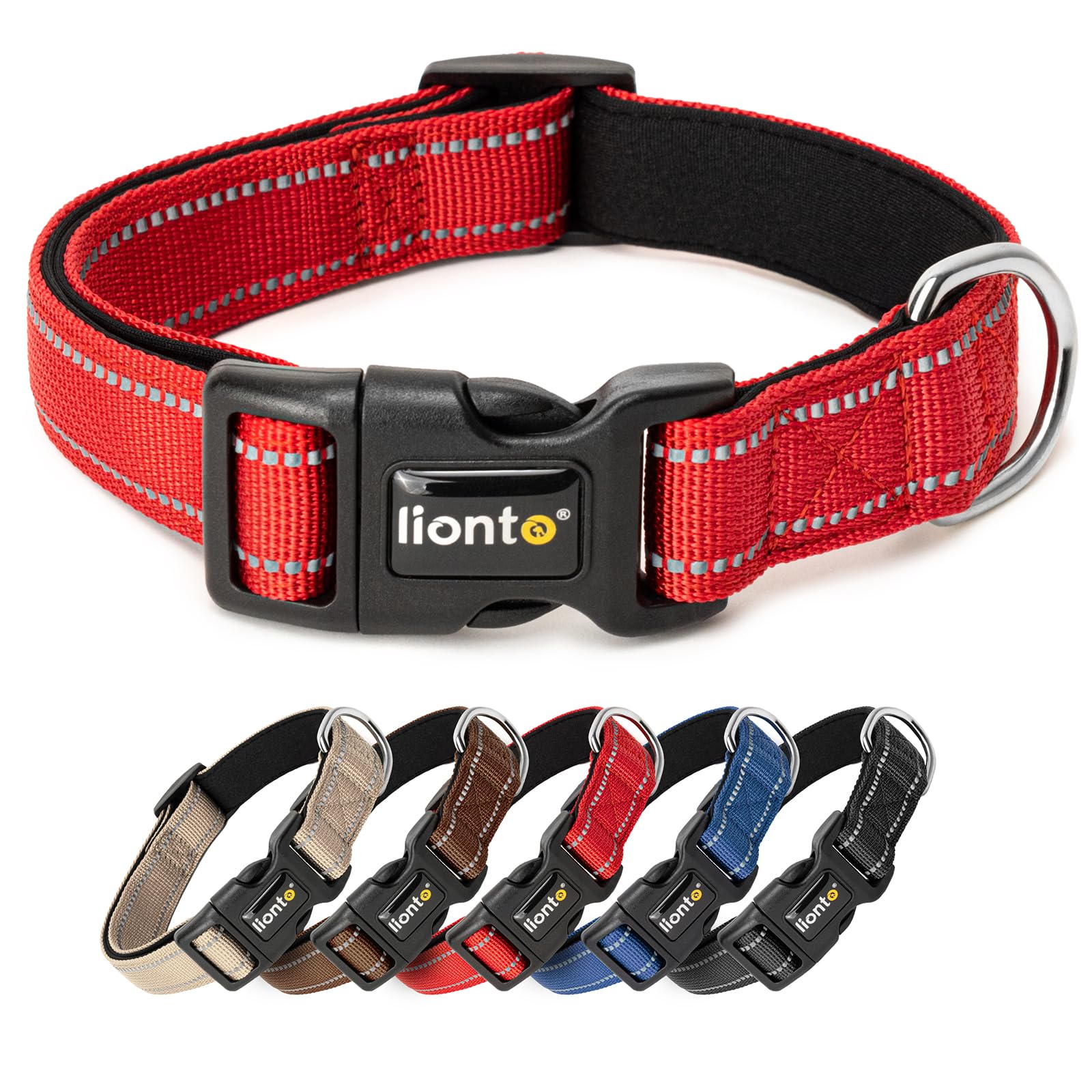 lionto Dog collar made of durable nylon, size XS, soft padded collar for dogs, 360° reflective & click fastener, metal ring & adjustment with stepless slider, red