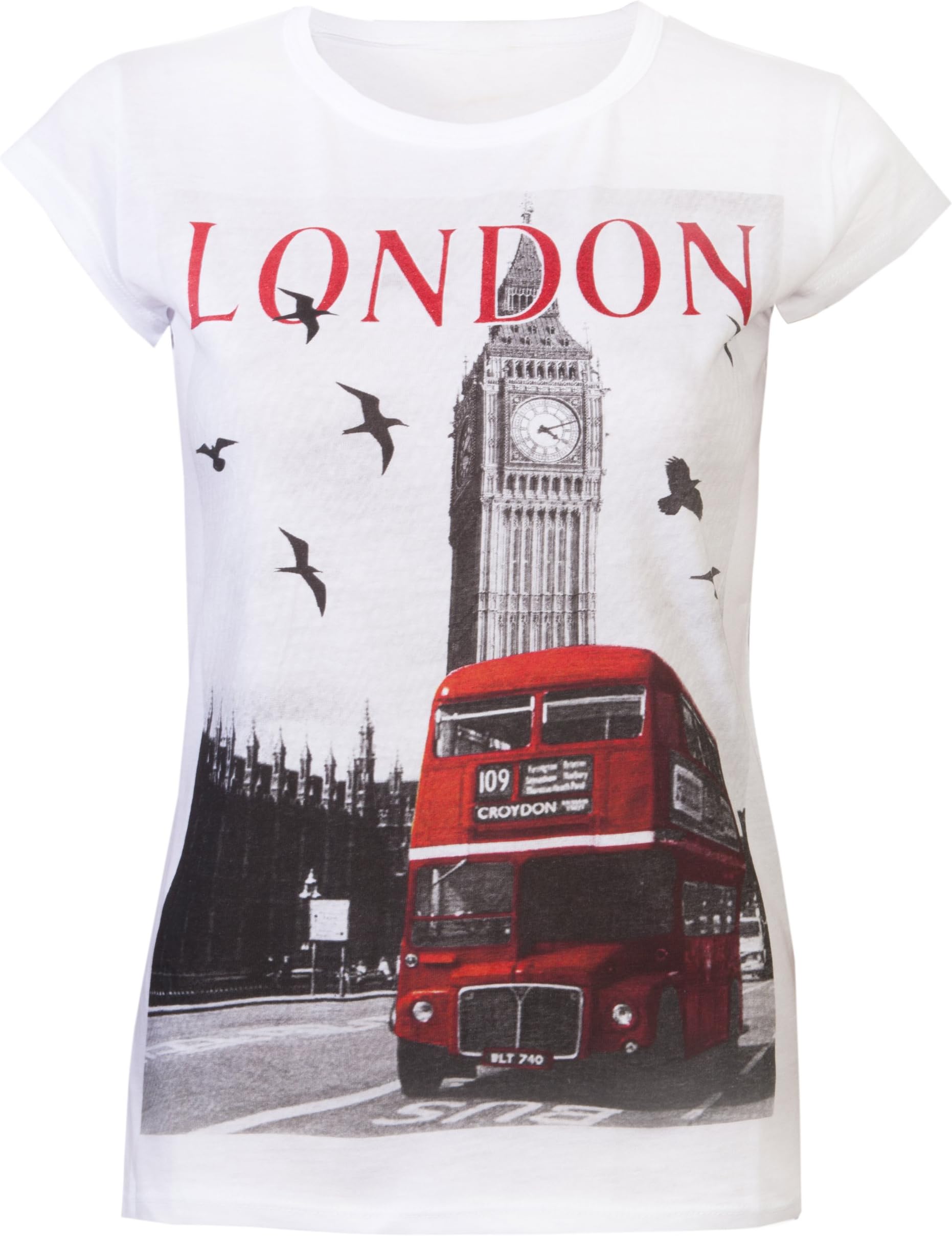 Womens Tops Ladies T Shirts Glitter London Souvenir Tee Shirts Big Ben London Bus Super Quality White