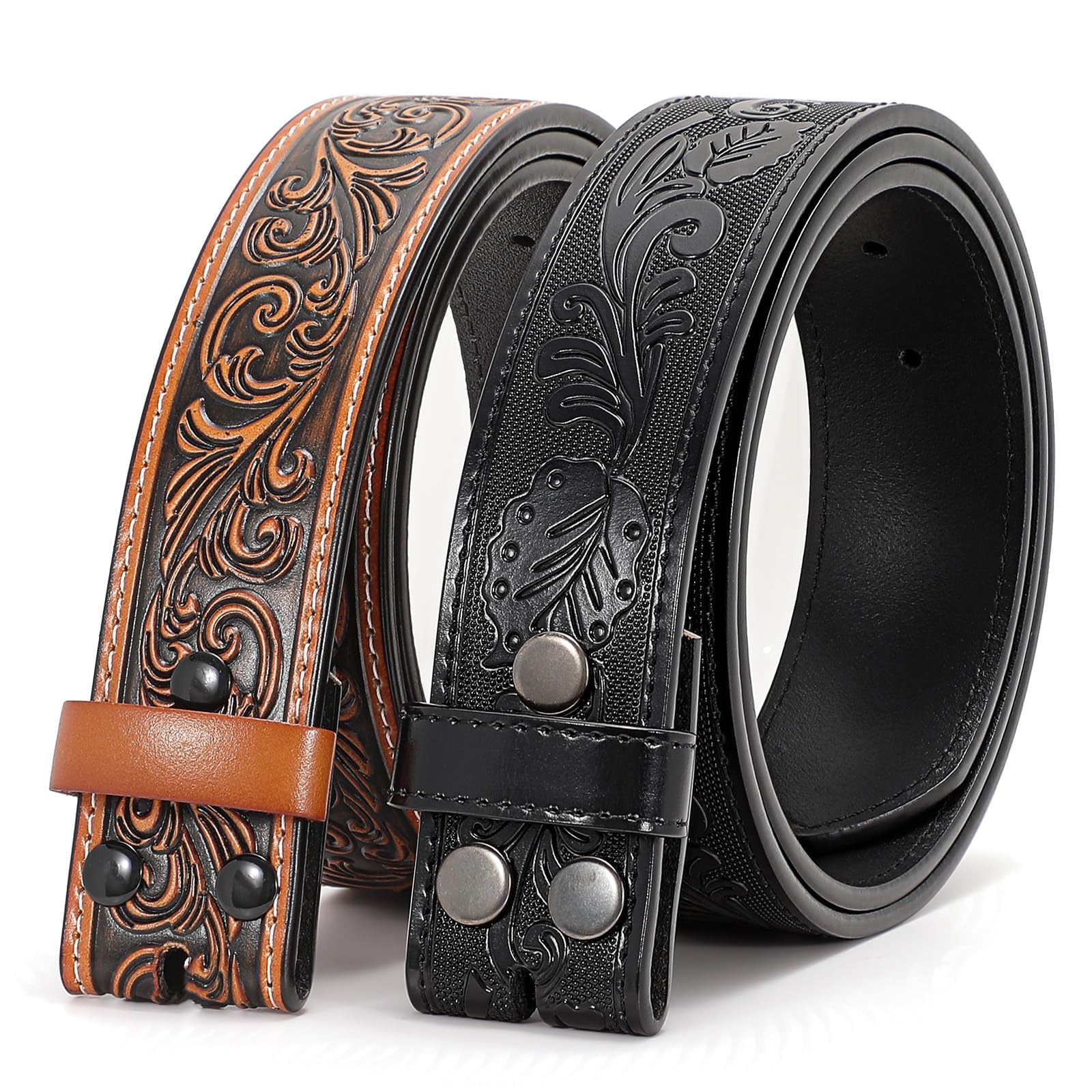 Photo 1 of SANSTHS 2 Pack Western Belts without Buckle for Men, Cowboy Belt for Buckle Western Leather Belt Straps for Jeans, Floral Brown & Black