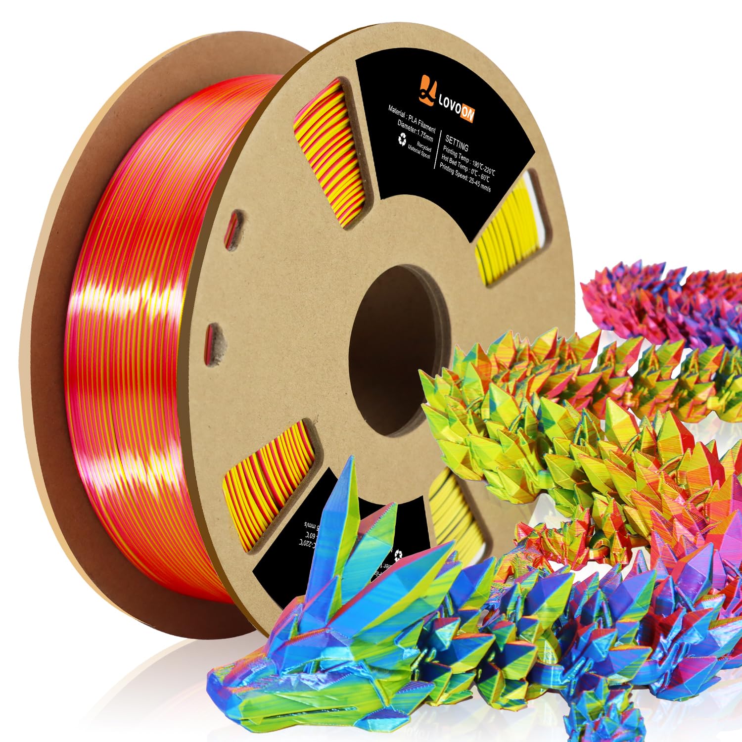 Photo 1 of LOVOON 3D Tri-Colors PLA Printer Filament 1.75mm, Silk PLA Red Yellow Blue, 3D Printing Filament +/-0.02mm, Most 3D Printer and 3D Pen Compatible, 1kg(2.2lbs)/Spool