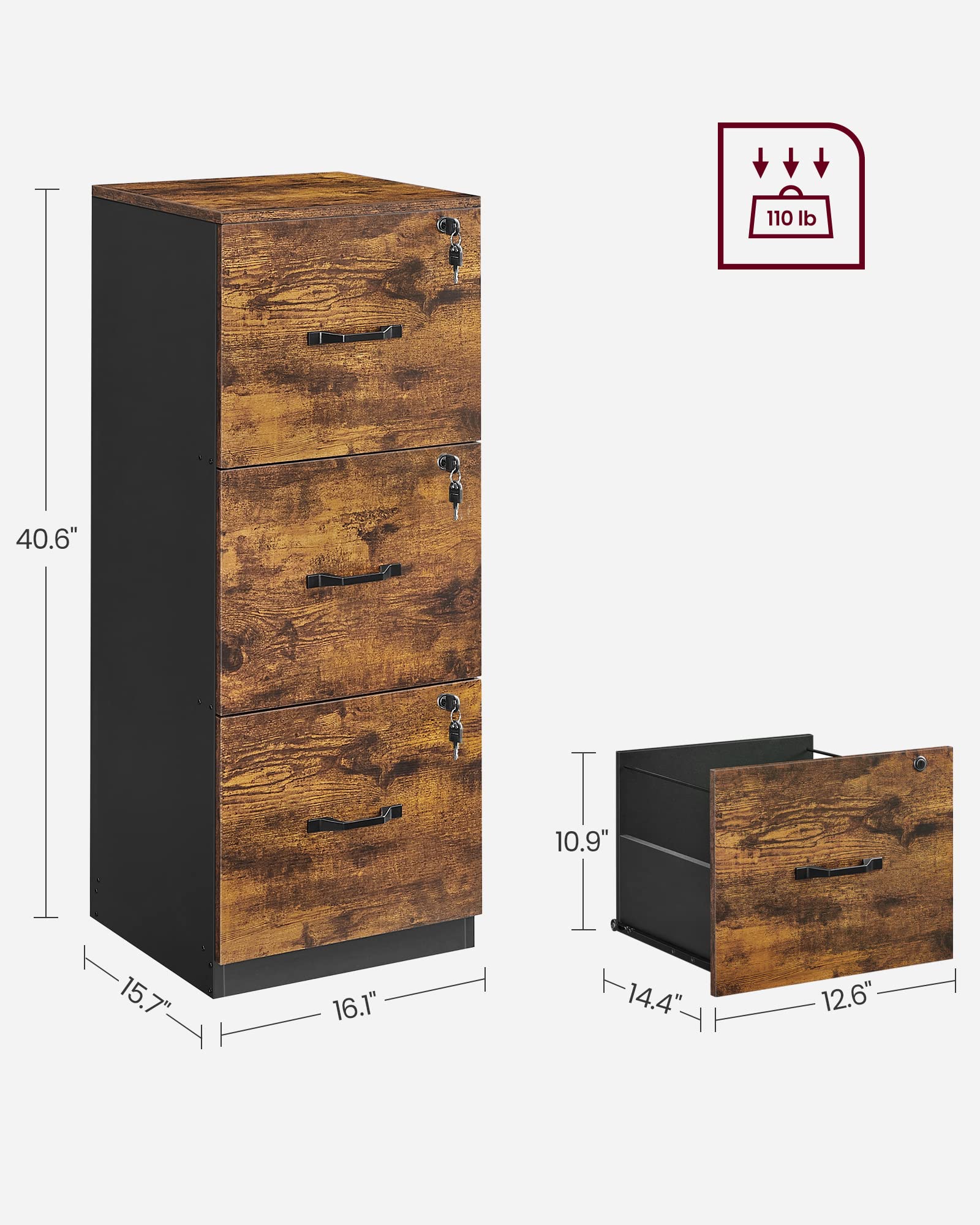 VASAGLE 3-Drawer Vertical File Cabinet, Rustic Brown and Black, for Home Office and Bedroom, A4 and Letter-Size Files, Lockable Drawers, Adjustable Hanging Rail, Printer Stand