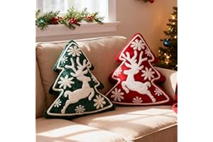 Lanpn Christmas Tree Pillows Set of 2, Christmas Decoration Winter Soft Cute 3D Shaped Xmas Tree Throw Cushion with Snowflake and Elk for Sofa Bedroom Xmas Decor (17x18 inch, Red & Green)
