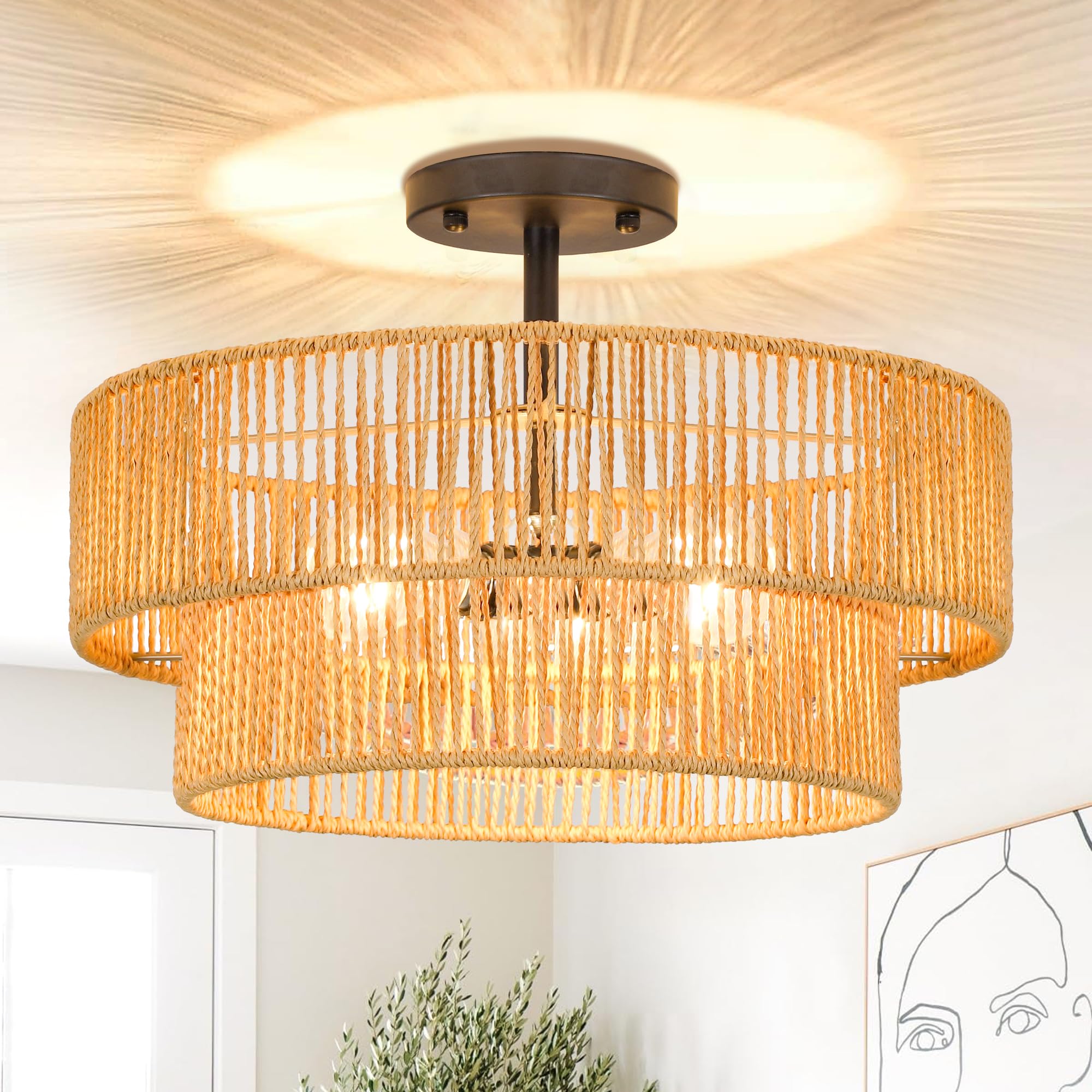 Photo 1 of ZECOXOL Rattan Ceiling Light Fixture Boho Flush Mount Ceiling Light Wicker Boho Light Fixtures Ceiling Mount for Hallway Bedroom Entryway Kitchen